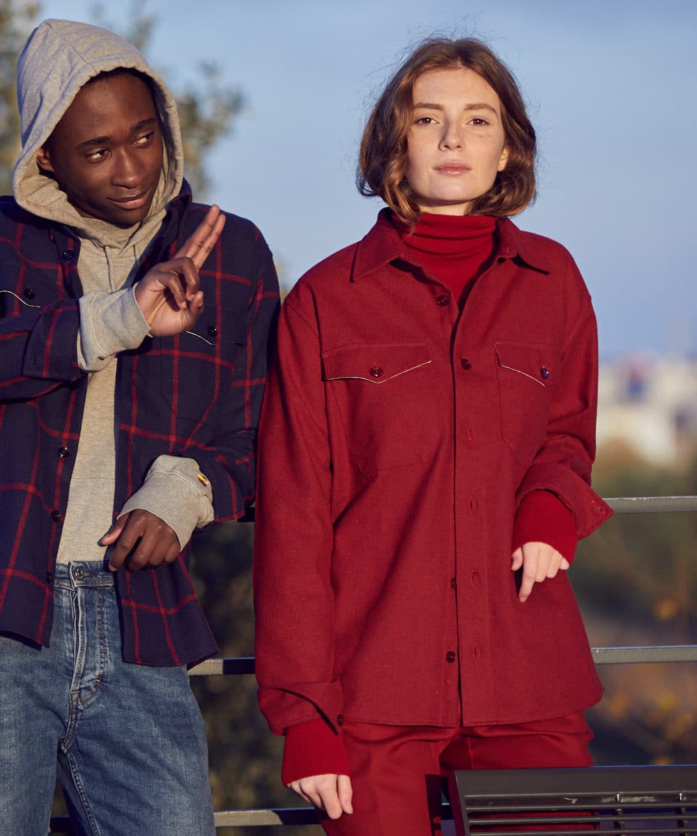 02 overshirts duo couple wearing overshirts making peace sign
