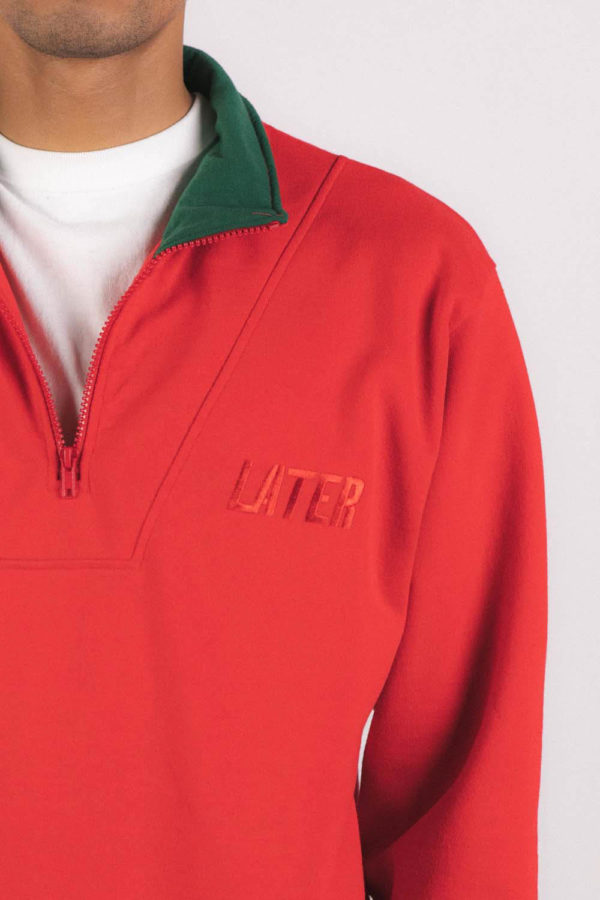Sweat-shirt col zippé rouge et col vert recyclée, homme