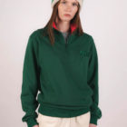 Sweat-shirt col zippé vert et col rouge recyclée, femme