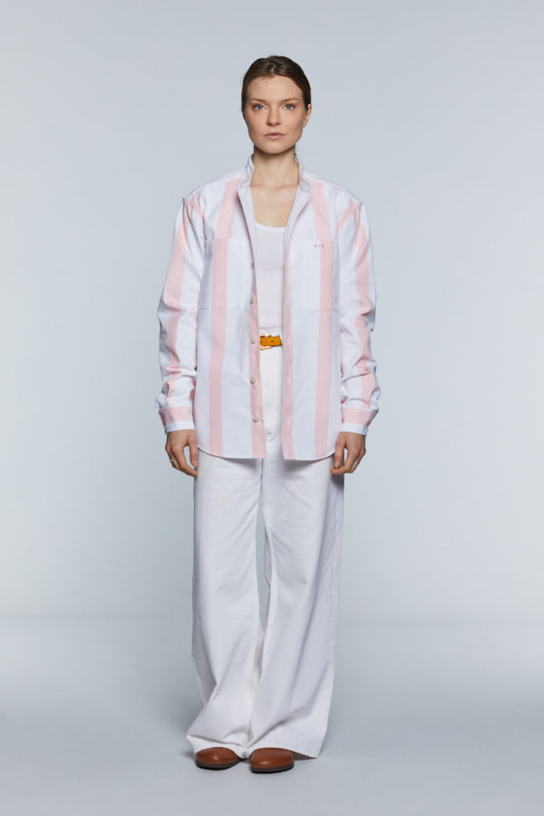 Women's oversized pink and ecru striped recycled cotton shirt