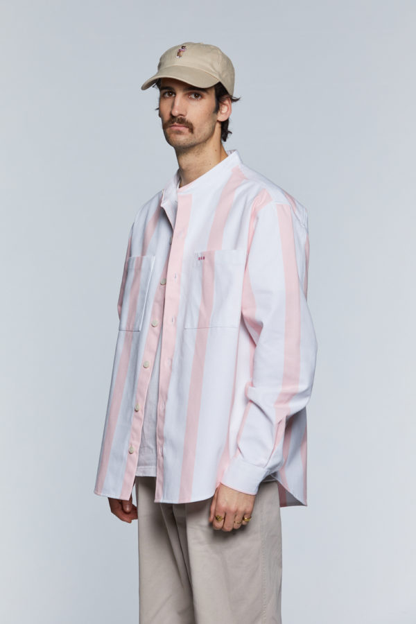 Oversized pink and ecru striped recycled cotton shirt for men