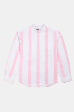 Oversized pink and ecru striped recycled cotton shirt for men and women