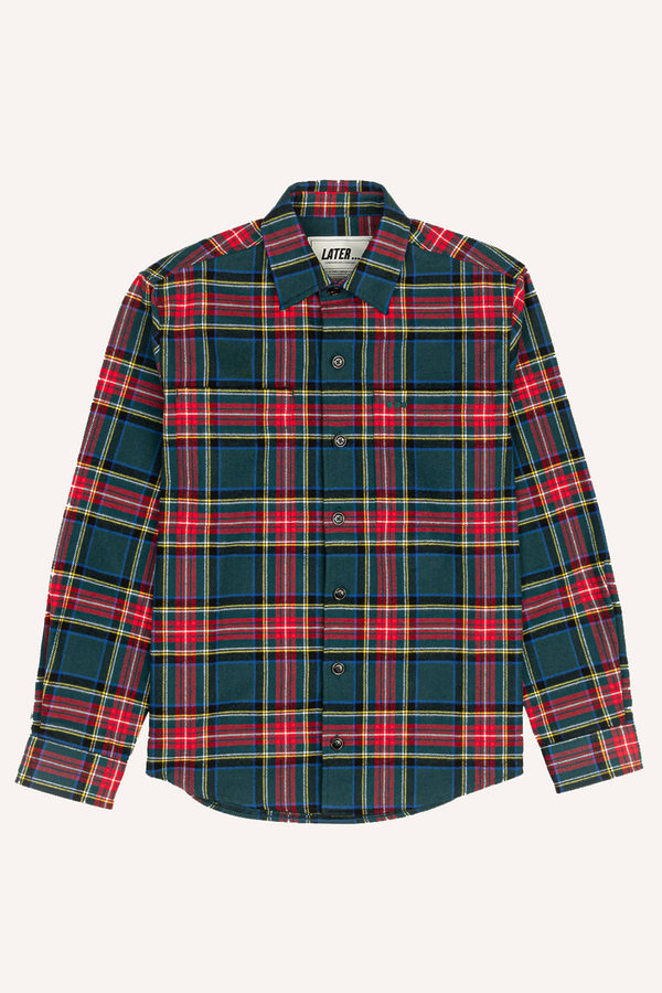 Surchemise casual en laine, tartan vert et rouge, aplat, packshot